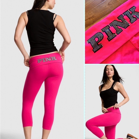 PINK Victoria's Secret Pants - Victoria’s Secret PINK Bling Yoga Capri Leggings Hot Pink Fold Over NWT